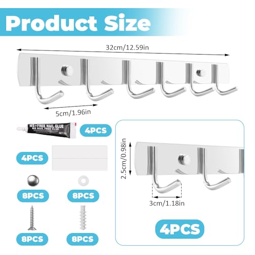 Xyvor 4 Stück Hakenleiste Küche, 32cm Hakenleiste Edelstahl, Edelstahl Küchenhalterung, Hängeleiste Küche, Küchenleiste, Kleiderhakenleiste, Garderobenhaken mit 6 Haken, Für Badezimmer, Wohnzimmer