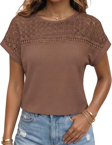 NILOINE Womens Summer Tops Waffle Knit Crochet Hollow Out Shirts Short Sleeve Casual Work Office Vacation Loose Fit Blouses(5-Chestnut,Large)