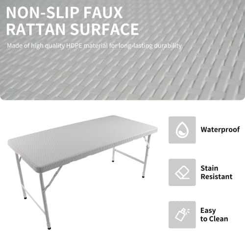 Rattan Folding Table 4ft Heavy-Duty Portable Outdoor Picnic Table for Party Dining Camping Tables with Handle(White)