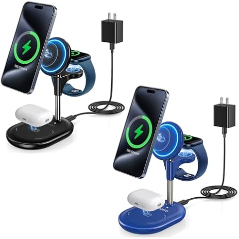 Hevanto 3 in 1 Mag-Safe Charger Stand for iPhone 15 14 13 12, AirPods and Apple Watch - 2 Pack (Black and Blue) Cover