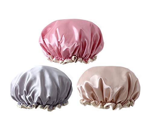 3PCS Reusable Shower Caps Fit All Double-Layer Waterproof Bath Cap Elastic Band Shower Hats for Women Shower Spa