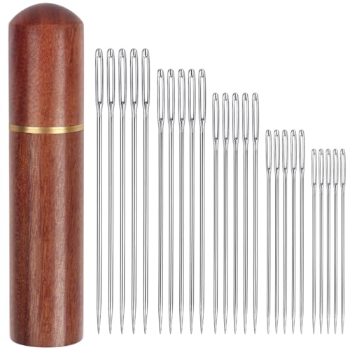 XYGK Large Eye Sewing Needles 25 Pcs Stainless-Steel Embroidery Needles with a Sandalwood Case 5 Size Sharp Yarn Needles for Hand Sewing Darning Knitting Cross-Stitch and DIY Crafts