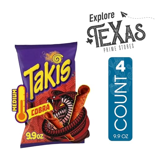 Takis - Lavinia Essentials Bundle: 4-Pack of Cobra Sharing Size Bag, Hot Chili Pepper Rolled Tortilla Chips 9.9 oz Bag + 1 Utility Prop