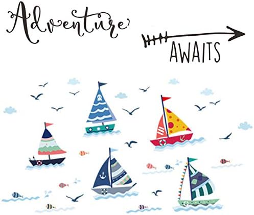 Wanban Sailboat Wall Sticker Mural Art Nursery Decals Cute Removable Peel & Stick Adventure Awaits Set Home Decor