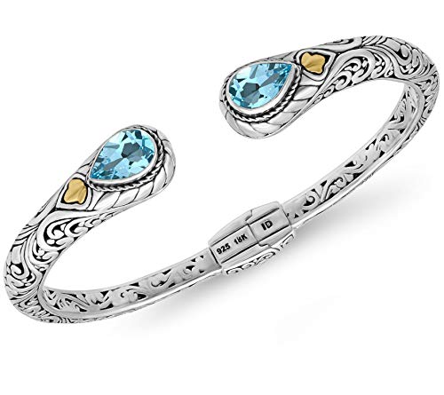 Image of DEVATA Sterling Silver 925 and 18K Gold with Blue Topaz Bali Filigree Cuff Bracelet DHK3595BT (Size M)