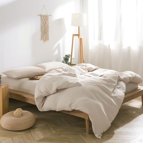 VM VOUGEMARKET 100% Cotton Muslin Duvet Cover King Size 3-Layer Guaze Textured Off-White Bedding Set,Ultra Soft Breathable Textured Linen Like Comforter Cover with Zipper&Ties-Oatmeal