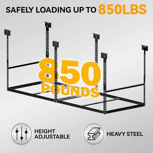 Image of 3x8 Ft Overhead Garage Storage Rack, 28-41 inch Height Adjustable Ceiling Mounted Organization Rack, 850 lbs Weight Capacity, 36 inchx96 inch Heavy Duty Space-Saving Metal Rack for Garage Storage