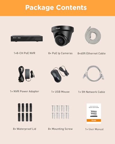 PANOOB 8 Channel Security Camera System PoE, 8X Wired IP Dome Turret PoE Camera for Indoor Outdoor, Remote Playback 24/7 Recording, Human Detection, Built-in Mic, 4K 8CH NVR 2TB HDD, PD93A30808-5M