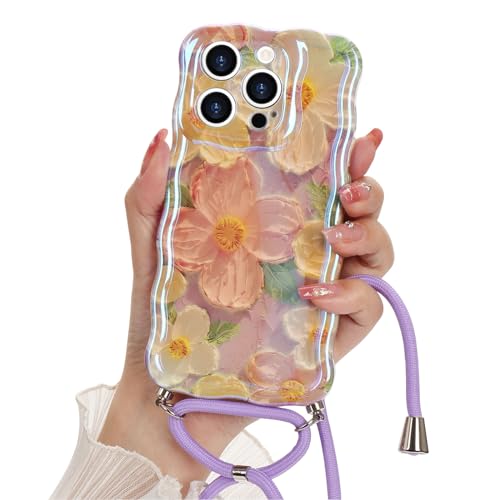 Micoden Capa para iPhone 15 Pro MAX de silicone TPU com pescoço ajustável e moldura ondulada encaracolada/floral de cores à prova de choques com cordão para o pescoço para iPhone 15 Pro Max, lilás