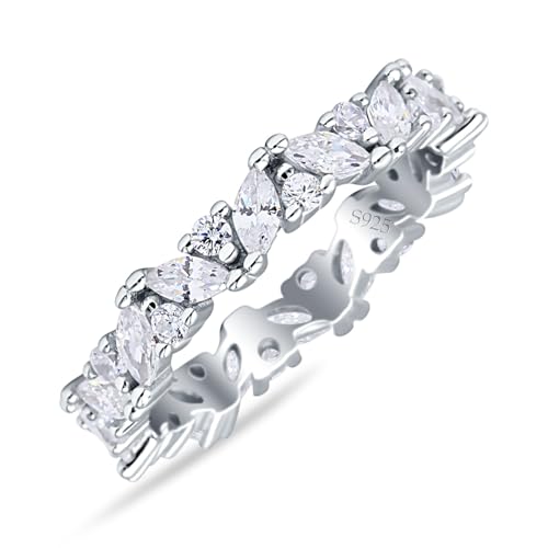 OMRANII Cluster Art Deco Marquise Round Full Eternity 4mm Band Modern Style Stackable Wedding band Gift For Women Cubic Zirconia Solid 925 Sterling Silver Band