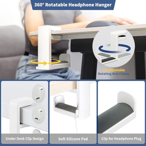 Image of OIVO INDIA 360 Rotating Headset Hanger Holder, Adjustable Gaming Headphone Stand Hook Under Desk Mount Clamp with Cable Organizer Clip Compatible with PlayStation, Xbox, PC, Nintendo Switch (White)