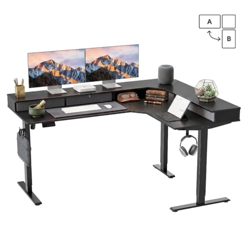 Image of CubiCubi 63x48 Inches L Shaped Standing Desk with 3 Drawers and Monitor Shelf, Height Adjustable Corner Computer Desk with Hooks, Sit Stand Up Ergonomic Home Office Workstation Table, Modern Black