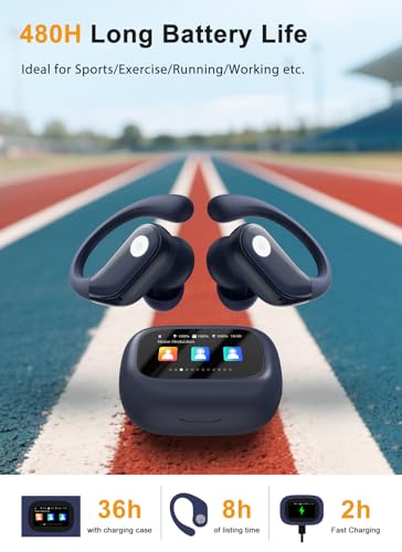 Wireless Earbuds, ANC Noise Cancelling Sport Ear Buds with Multifunctional Touch Screen, Bluetooth 5.4 Headphones, Bass Stereo Sound, 5 EQ Over-Ear Earbuds for Sports/Workout/Gym-Dark Blue