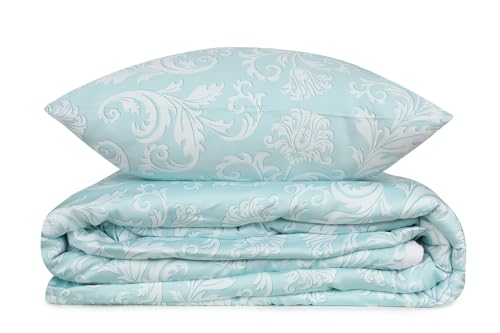 Parure de lit satin de coton lavable en machine, linge bicolore menthe 155x200