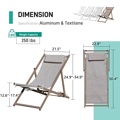 Patiorama Outdoor Folding Beach Sling Chairs Set Of 2, Aluminum Patio Lounge Chair, Portable Beach Chairs, Adjustable Reclining Chairs W/Cushioned Headrest For Pool, Tan Brown Frame & Linen Brown Mesh #TOP1
