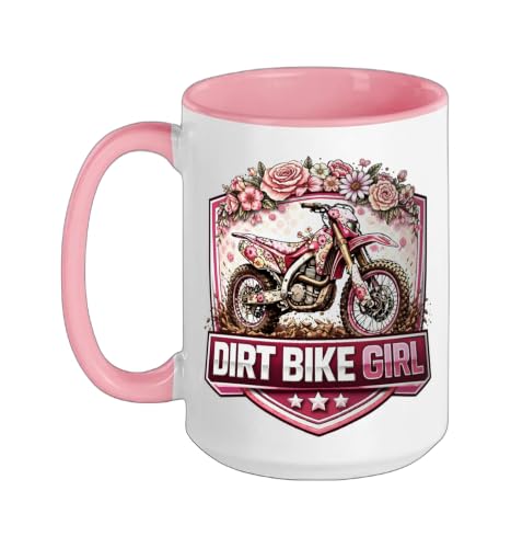 Floral Diret Bike Girl Womens Dirtbike Rider Motocross Cute Ceramic Mug, Pink/White, 15oz