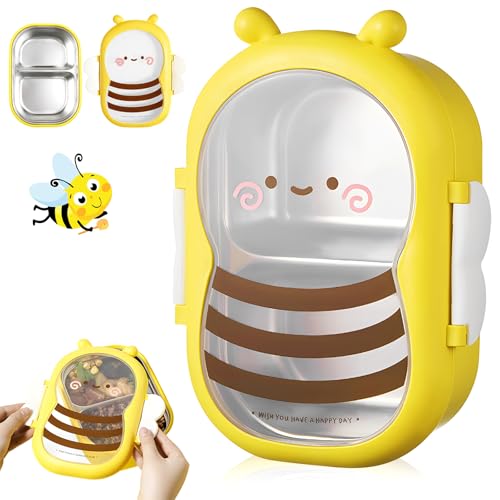 Lunch Box In Acciaio Inossidabile con 2 Scomparti, Contenitore per Pranzo con un Dolce Motivo di Ape, Bento Box Microonde, Termico Porta Pranzo per Adulti e Bambini per Scuola, Ufficio, Picnic, Viaggi