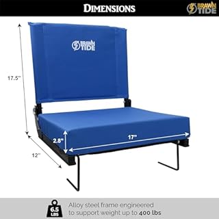 BRAWNTIDE Stadium Seat with Back Support - Extra Thick Cushion, Ideal Stadium Chair for Bleachers, Sporting Events, Light, 2 Bleacher Hooks, Shoulder Strap, 3 Storage Pockets (Blue, 1 Pack)