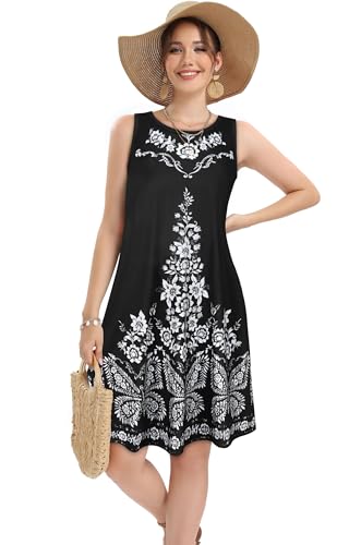 Image of elescat Women's Summer Dresses 2026 Beach Casual Sleeveless Floral Print Tank Loose Sundress with Pocket