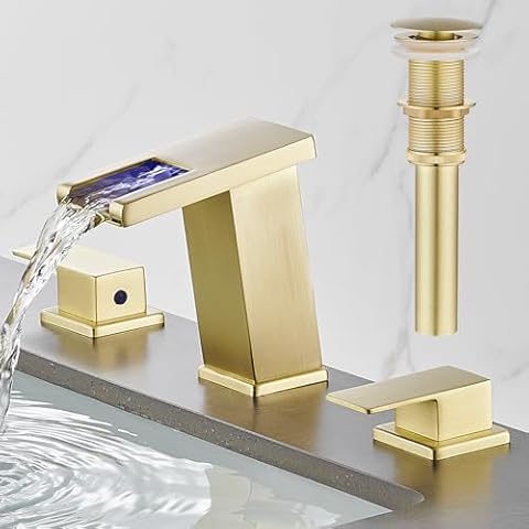 AVSIILE LED Bathroom Faucet 3 Hole, Brushed Gold Waterfall Bathroom Faucets, 8 Inch Widespread Modern Bathroom Sink Faucet & Parts, Wide Spread Touch On Three Hole 2 Handle Bathroom Vanity Faucet Cover