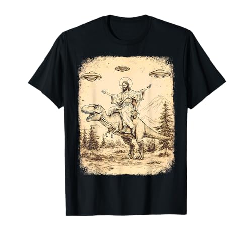 Jesus riding dinosaur UFO Funny Alien Christian dino raptor Maglietta