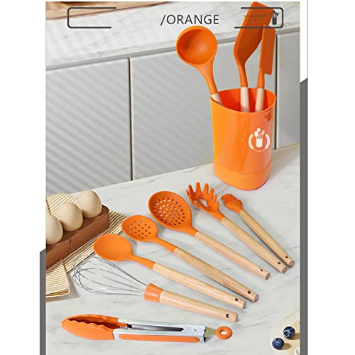 BRIIEC Orange Silicone Kitchen Cooking Utensils Set, Heat Resistant Silicone Kitchen Gadgets Utensils Set with Wooden Handle,Silicone Spoons Spatula Whisk with Holder for Nonstick Cookware