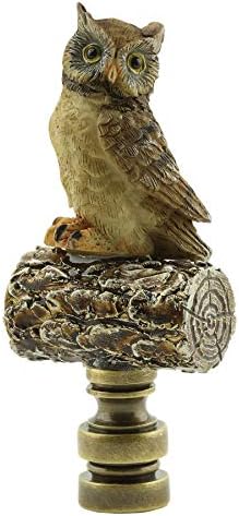 Painted Resin Owl On Log Lamp Finial with Antiqued Brass Base 3.25"h