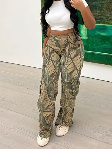 Famnbro Womens Camouflage Cargo Pants Baggy Camo Print Wide Leg Trousers Army Fatigue Pants #TOP3