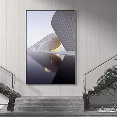 Peinture architecture italienne 80x120cm grand tableau mural moderne noir blanc gris pour porche