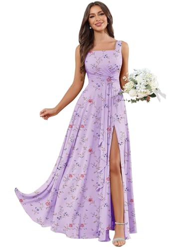 Women's Square Neck Chiffon Bridesmaid Dresses with Pockets Pleated A Line Formal Evening Dress with Slit