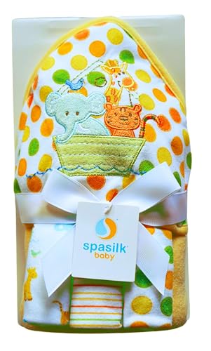 Spasilk Hooded Bath Towel and Washcloths Set for Newborns, 1 Soft Terry Baby Towel and 3 Baby Washcloths, Baby Essentials, Ideal, One Size, Yellow Ark