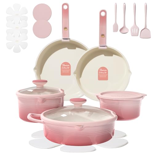 CAROTE 20Pcs Titanium Cookware Set, Pots and Pans Set Non Stick, Kitchen Cooking Set with Detachable Handle, Non Toxic Induction Cookware, Dishwasher/Oven Safe Pink
