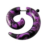 1 Piece of 5mm Black Tribal Tattoo Pattern on Purple Spiral UV Acrylic with 16 Gauge 316L Surgical Steel Fake Ear plug - Fauxs Plug - Gauge Earring Body Piercing Jewelry