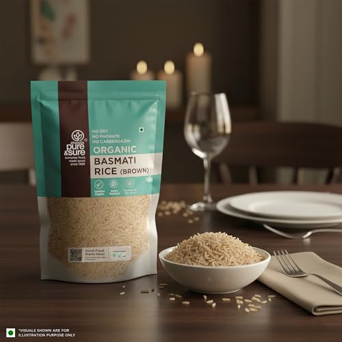 Image of Pure & Sure Organic Brown Basmati Rice 1Kg | 100% Naturally Processed & Unpolished Brown Chawal | Rich in Protein & Fiber | Helps to control Diabetes & Blood Pressure