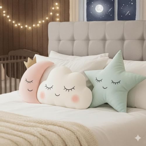 Image of Decorative Kids Cushion Set, Moon Cloud and Star Shaped Pillows