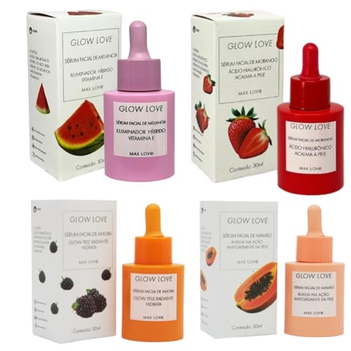 Max Love Glow Love Kit Sérum Facial, 4 Frascos 30ml, Melancia, Morango, Amora e Mamão, com Ácido Hialurônico e Vitamina E, para Hidratação e Iluminação