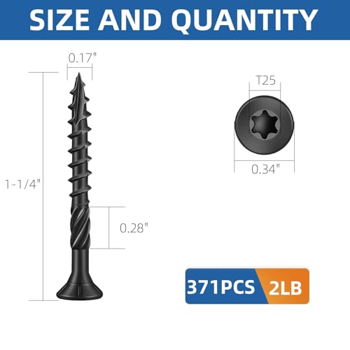 Image of #8 x 1-1 /4 inch Heavy-Duty Deck Screws - Black Outdoor Wood Screws, Torx Drive with T25 Bit, Rust Resistant for Wood Decking and Fence (2lb,371Pcs)