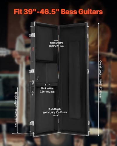 Image of VEVOR Bass Guitar Hard Case, 48.03 in Rectangular Guitar Hard Case, With Lock Latch Keys Handle, PVC Padding Soft Lining Water-Resistant Hard Shell Guitar Cases, for 39-46.5 in Bass Guitars, Black