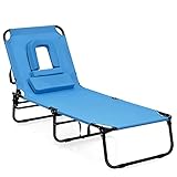 Goplus Folding Lounge Chair for Beach Poolside Balcony Patio, Portable Recliner w/Tanning Face Down Hole and Pillow (1, Navy)