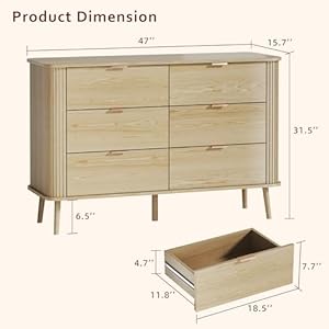 Fluted 6 Drawers Dresser for Bedroom, Mid Century Modern Closet Dresser & Chests of Drawers, Curved Profile Design, Dresser TV Stand, Wood Storage Dresser for Bedroom, Entryway, Hallway, Oak Fluted 6 Drawers Dresser for Bedroom Mid Century Modern Closet Dresser Chests of Drawers Curved Profile Design Dresser TV Stand Wood Storage Dresser for Bedroom Entryway Hallway Oak