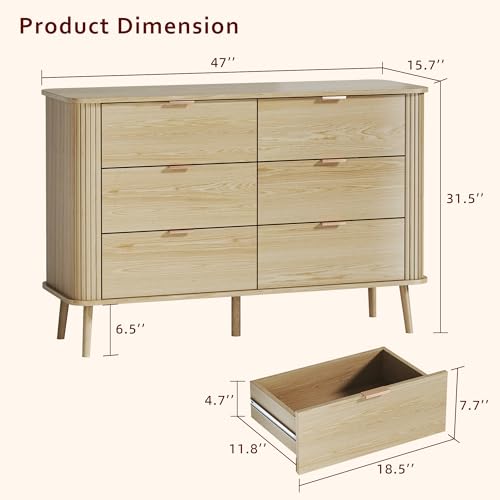 Fluted-6-Drawers-Dresser-for-Bedroom-Mid-Century-Modern-Closet-Dresser-Chests-of-Drawers-Curved-Profile-Design-Dresser-TV-Stand-Wood-Storage-Dresser-for-Bedroom-Entryway-Hallway-Oak Fluted 6 Drawers Dresser for Bedroom Mid Century Modern Closet Dresser Chests of Drawers Curved Profile Design Dresser TV Stand Wood Storage Dresser for Bedroom Entryway Hallway Oak