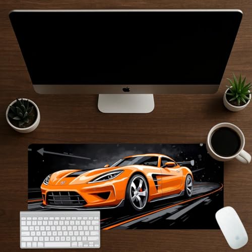 Image of Moto Edition Desk Mat 23x11 Inch - Racing-Themed Keyboard & Mouse Pad for Office, Home & Gaming | Non-Slip Rubber Base, Waterproof Surface, Supercar & Bike Inspired Table Mat (Orange Turbo)