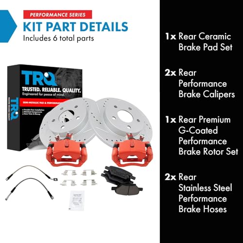 Image of TRQ Performance Rear Brake Pad and Rotor Set Ceramic Coated Slotted Drilled Calipers Compatible with 2005-2007 Chevrolet Malibu