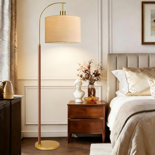 Image of Wood Floor Lamps for Living Room Arc Floor Lamp with Remote Control,Dimmable Farmhouse Floor Lamp Mid Century Modern Standing Lamp with 3 Color Temperature Tall Vintage Floor Lamp For Bedroom Corner