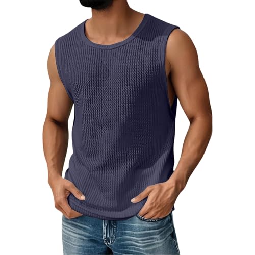 Camiseta sin mangas para hombre, de punto gofre, informal, para verano, color liso, cuello redondo, chaleco muscular, camiseta básica, azul marino, L