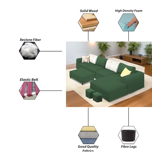 Image of Koza RHS 8 Seater L Shape Sofa Set with Center Table for Living Room (Green Fabric) Premium Fabric Sofa