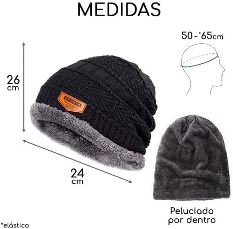 Gorro masculino de tricô de inverno com forro de lã grossa felpudo (Preto)