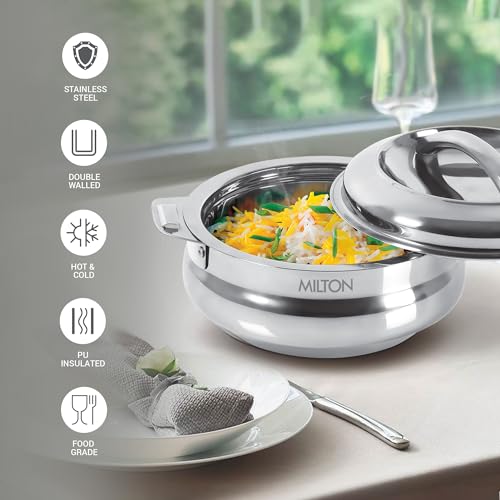 MILTON Sphere 2500 Stainless Steel Casserole, 2.33 Litre, Silver | Double Walled | PU Insulated | Hot & Cold | Food Grade | Easy to Lift Handle | Hygienic