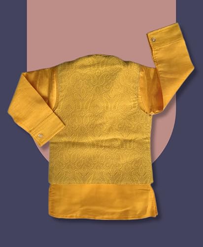 Image of Little Kids Ethnic Wear Kurta Pyjama and Waistcoat Set For Boys | Stylish Ethnic Wear | 3-piece set | Silk and Cotton Blend Fabric