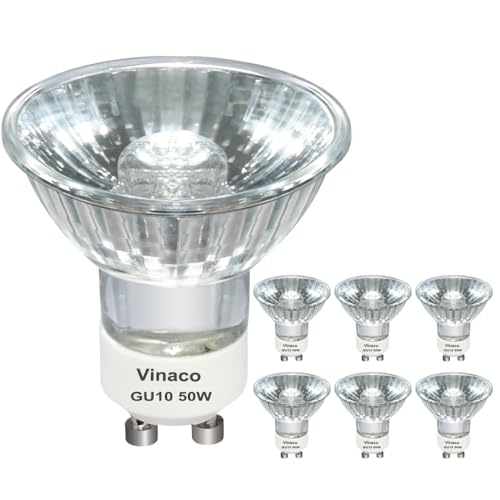Vinaco GU10 Halogen 50W Bulbs, 6PCS GU10+C 120V 50W Halogen Light Bulbs, GU 10 Dimmable, Warm White, High Brightness MR16 with Glass Cover, Long Lifespan GU 10 50 W for Recessed Track Lighting